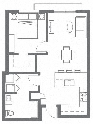 Floor plan for 1 bed, 1 bath, 643 sqft
